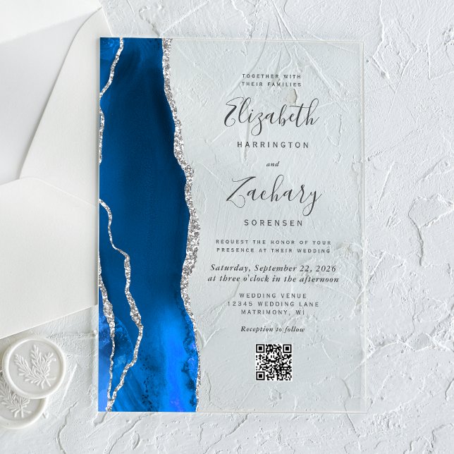 Königsblau Silber Achat QR Code Hochzeit Acryleinladungen (Von Creator hochgeladen)