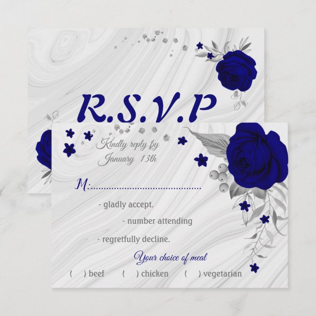 Königsblau, silbergrau, Blumenmehl RSVP Karte (Vorne/Hinten)