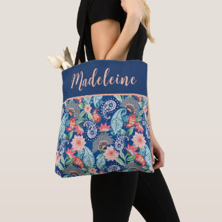 Königsblau Türkis Orange Floral Vintage Paisley Tasche