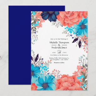 Königsblau, Türkis und Korallen Blumenhochzeit Einladung