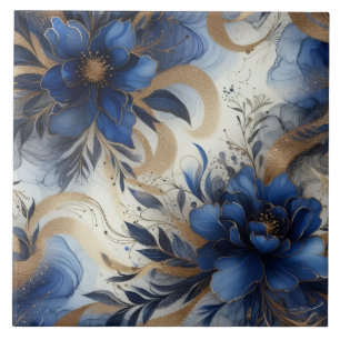 Königsblau und Gold Blumenalkohol-Tinte Fliese