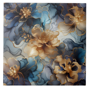 Königsblau und Gold Floral Alcohol Ink Fliese
