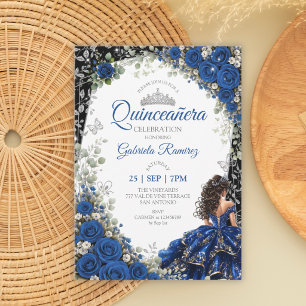 Königsblau und schwarze Quinceañera Silber Schmett Einladung