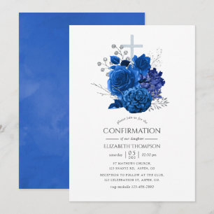 Königsblau und Silber Blumen Konfirmation Einladung