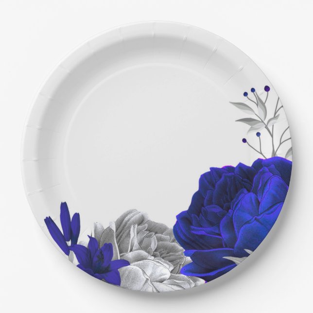 Königsblau und silberne Blume botanisch Pappteller (Vorderseite)