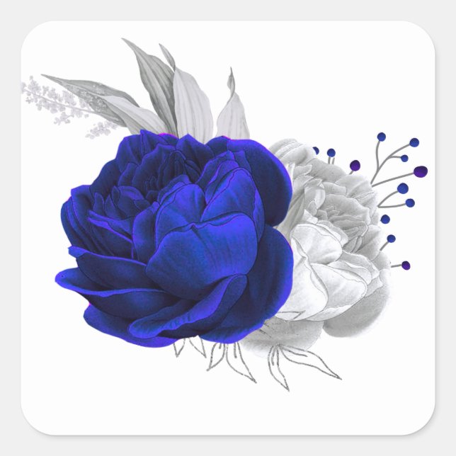 Königsblau und silberne Blume weiß Quadratischer Aufkleber (Vorderseite)