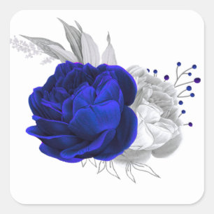 Königsblau und silberne Blume weiß Quadratischer Aufkleber