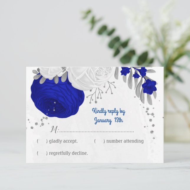 Königsblau und weiße Blume Silberbotanische Hochze RSVP Karte (Stehend Vorderseite)