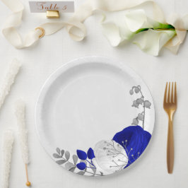 Königsblau-weiße Blume silber Pappteller