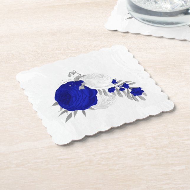 Königsblau-weiße Blume silber Untersetzer (angewinkelt)