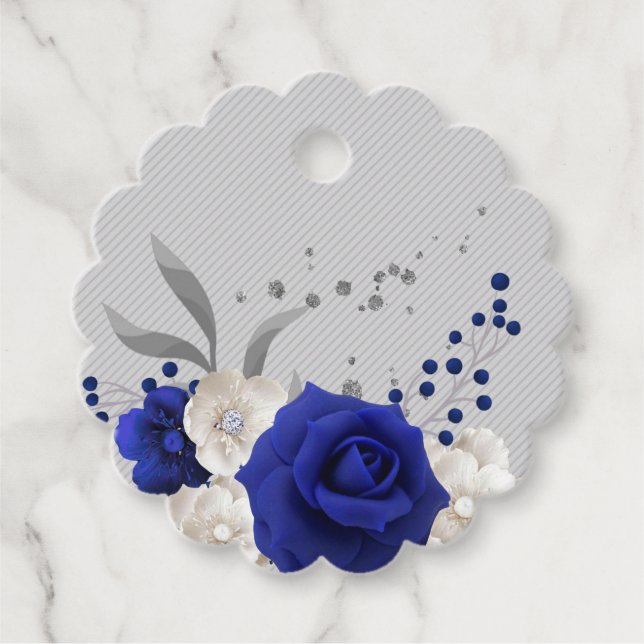 Königsblau, weiße Blume, silberne Blätter Geschenkanhänger (Vorderseite)