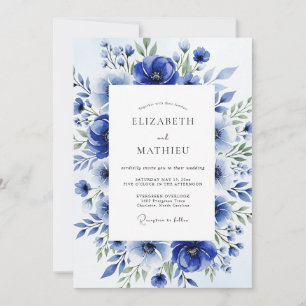 Königsblaue Aquarell-Blüten-Hochzeit Einladung