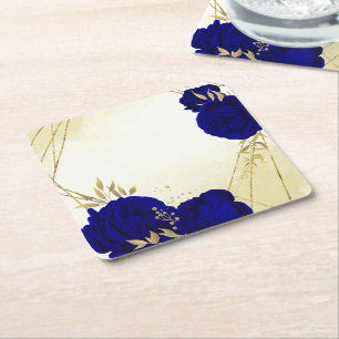Königsblaue Blumen goldene Blätter Hochzeit Rechteckiger Pappuntersetzer