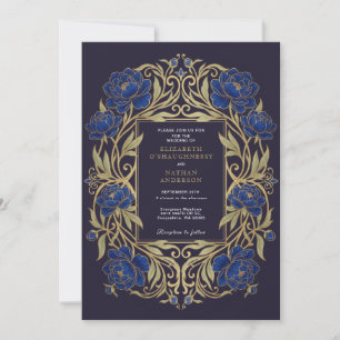 Königsblaue Florale Hochzeitseinladung Art Nouveau Einladung