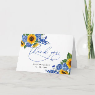Königsblaue florale Sonnenblumen moderne Hochzeit Dankeskarte