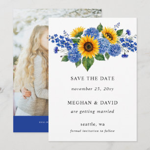 Königsblaue florale Sonnenblumen moderne Hochzeits Save The Date
