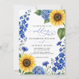 Königsblaue florale Sonnenblumen QR-Code-Hochzeit Einladung