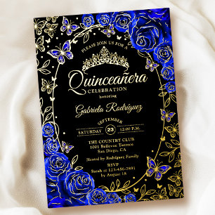 Königsblaue Goldene Schwarze Rosen Quinceanera Folieneinladung