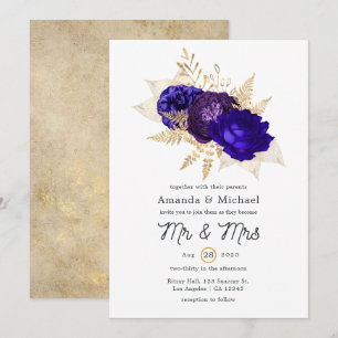 Königsblaue, lila und goldene florale Hochzeit Einladung