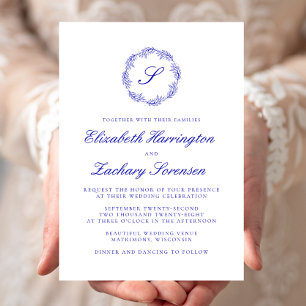 Königsblaue Monogramm-Girlande-Script-Hochzeit Einladung