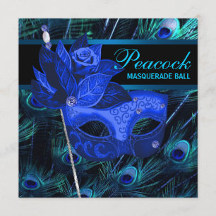 Königsblaue Pfauen-Maskenparty Einladung
