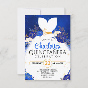 Königsblaue Quinceanera Florale Prinzessinnenklei Einladung