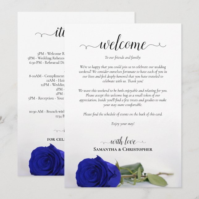 Königsblaue Rose Chic-Hochzeitsbegrüßung & Zeitpla Programm (Vorne/Hinten)
