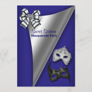 Königsblaue silberne Sweet Sixteen-Maskenparty Einladung