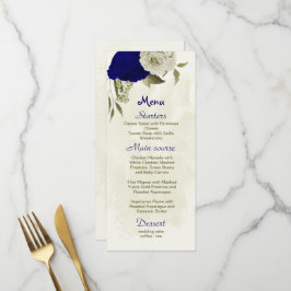 königsblaue und beige Blume botanische Hochzeit Menükarte