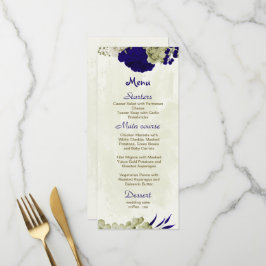 königsblaue und beige Blume botanische Hochzeit Menükarte
