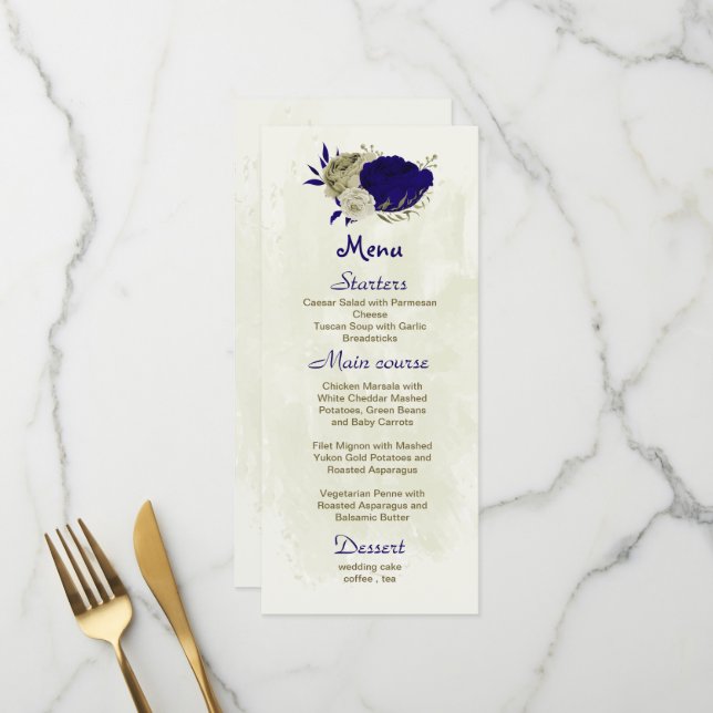 königsblaue und beige Blume botanische Hochzeit Menükarte (Vorderseite/Rückseite Beispiel)