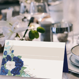 Königsblaue und elfenbeinfarbene Rosen mit Namensf Platzkarte
