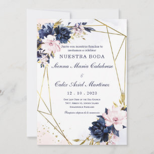 Königsblaue und errötende Hochzeitseinladungsvorla Einladung