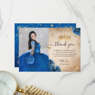 Königsblaue und goldene Rosen Quince Foto Geburtst Dankeskarte