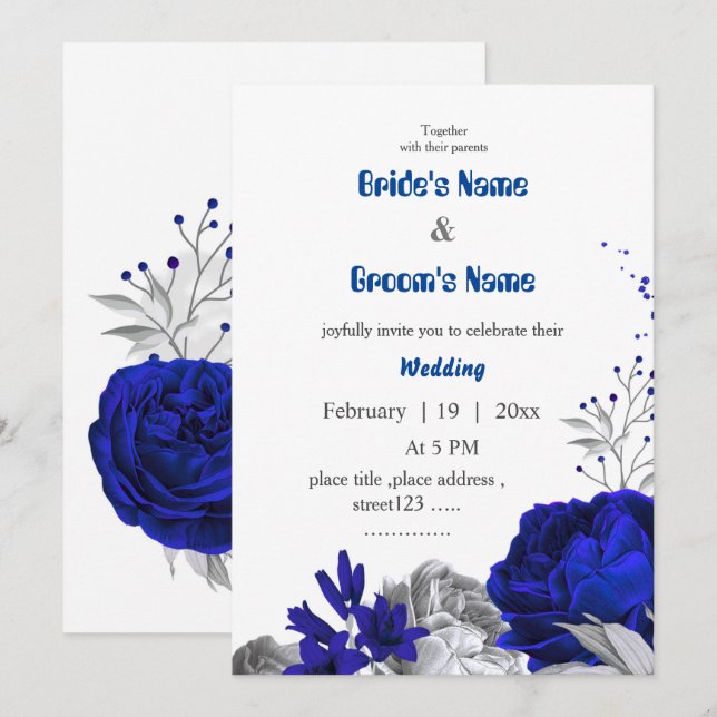 Königsblaue und silberne Blume botanische Hochzeit Einladung (Vorne/Hinten)