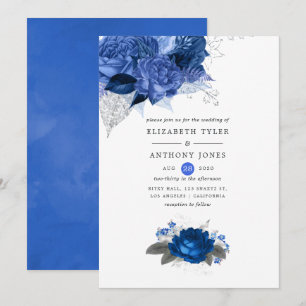 Königsblaue und silberne florale Hochzeit Einladung