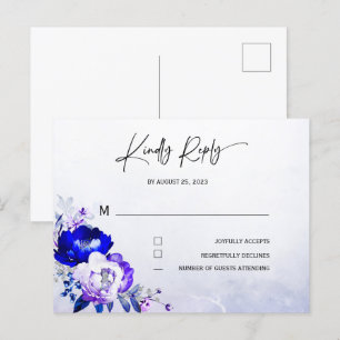 Königsblaue und violette Hochzeits-RSVP Postkarte