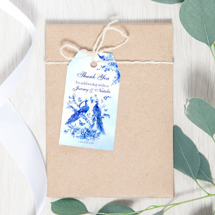 Königsblaue viktorianische Pfauen-Aquarell-Hochzei Geschenkanhänger
