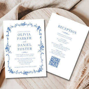 Königsblaue viktorianische QR-Code-Hochzeit Alles Einladung