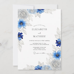 Königsblaue zeitlose Floral-Hochzeit Einladung