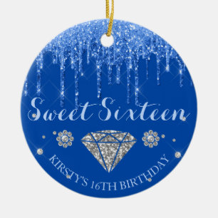 Königsblauer Glitter-Drip-Diamant Sweet Sixteen Keramik Ornament