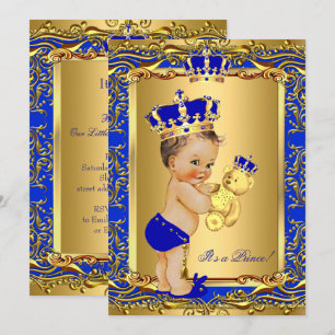 Königsblauer Prinzenkrone Baby Shower Bär Brünette Einladung