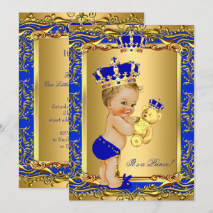 Königsblauer Prinzenkronen-Babyparty-Bär Blond Einladung