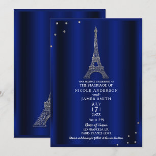 Königsblauer und silberner Eiffelturm Paris Hochze Einladung