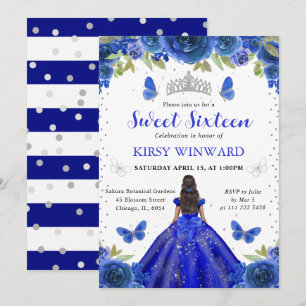 Königsblaues Kleid Dunkle Haut Prinzessin Sweet 16 Einladung