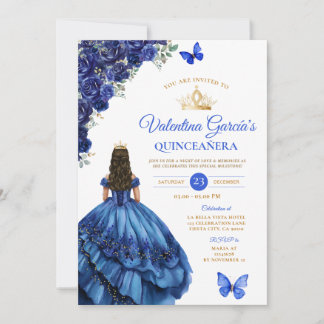 Königsblaues Kleid Quinceañera 15 Jahre Blumen Gol Einladung