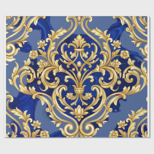 Königsblaues und goldenes barockes Damastmuster Geschenkpapier