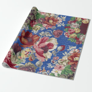 Königsblaues viktorianisches Rosen-Ornamentmuster Geschenkpapier