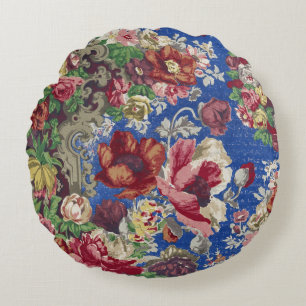 Königsblaues viktorianisches Rosen-Ornamentmuster Rundes Kissen