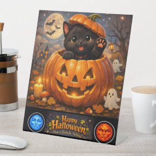 Königskatze frohes Halloween Podest Sockelschild